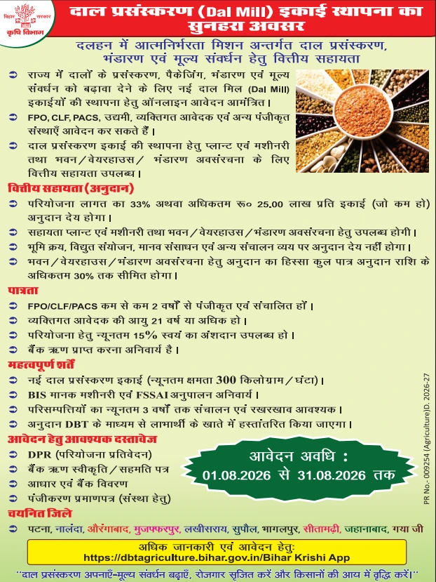 Bihar Dal Mill Yojana 2026