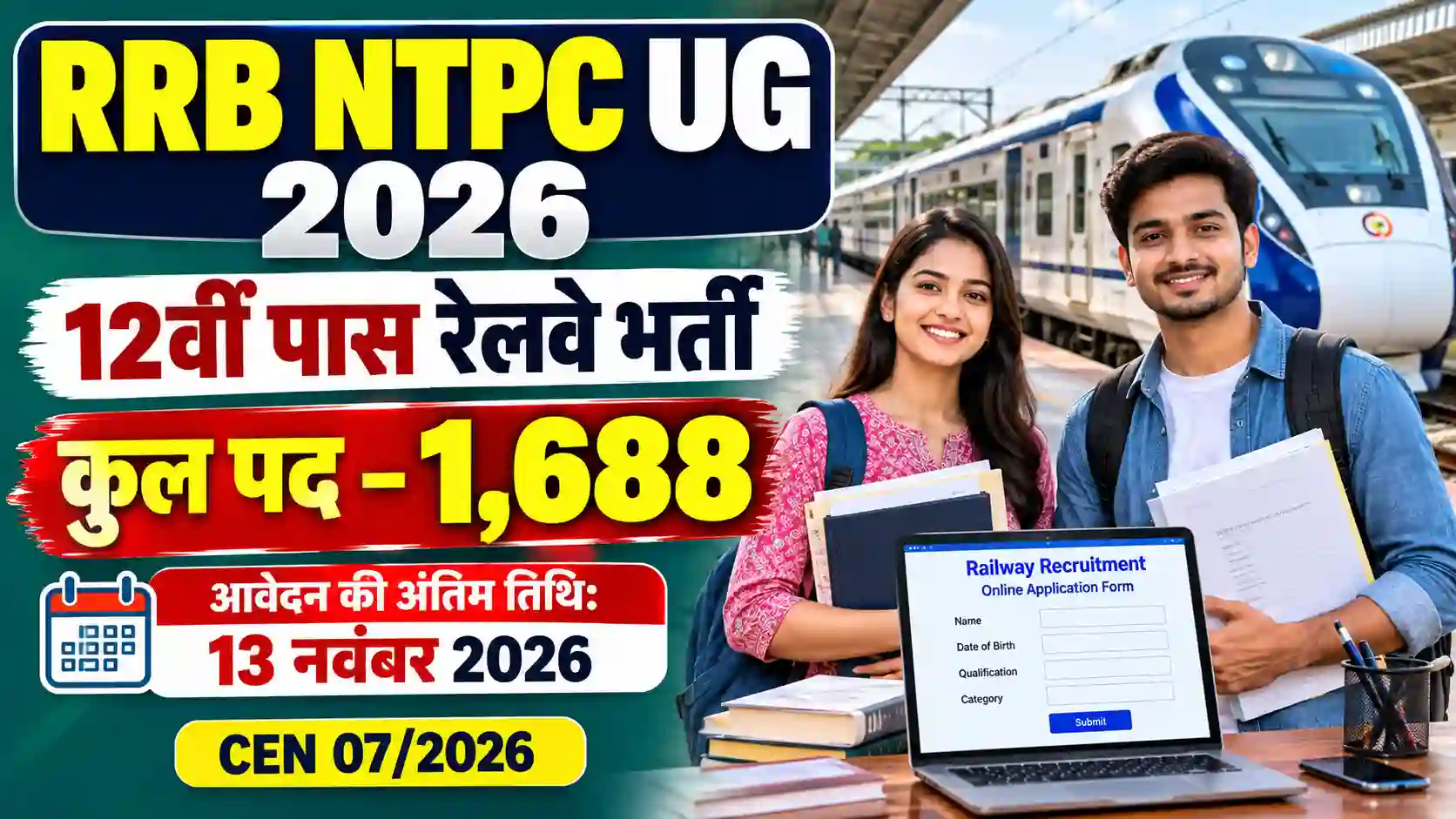 RRB NTPC UG Recruitment 2026 रेलवे में 1688 पदों पर 12वीं पास भर्ती